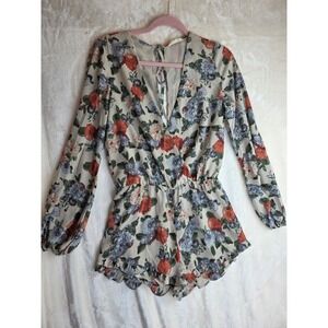 Cotton Candy Floral Print Long Sleeve Ruffle Hem Romper Women's Size Small